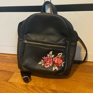 Floral Embroidered Black Mini Backpack